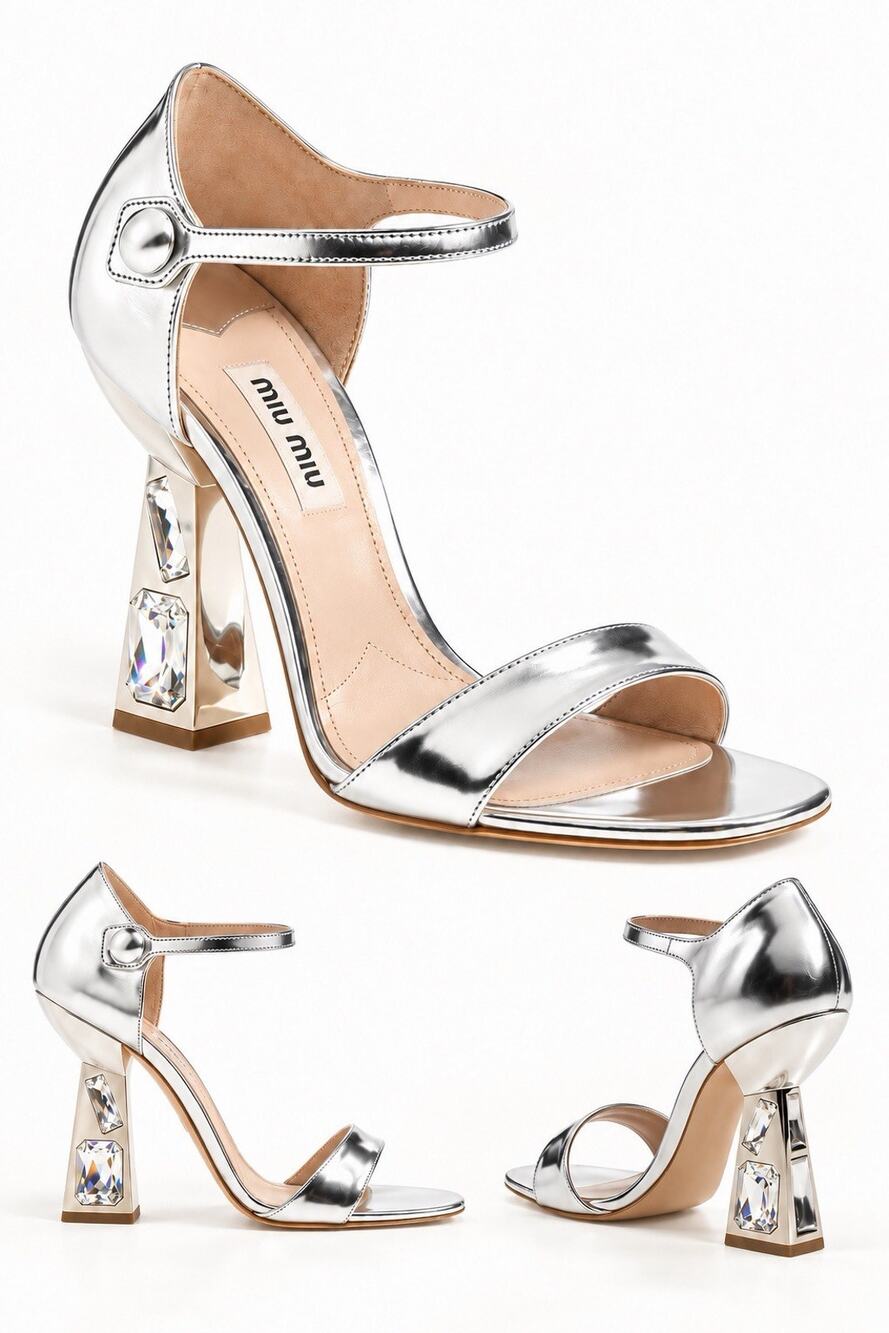 Miu Miu Jeweled Heel Sandals 38 US 8 Silver Patent Swarovski Chloe Moretz